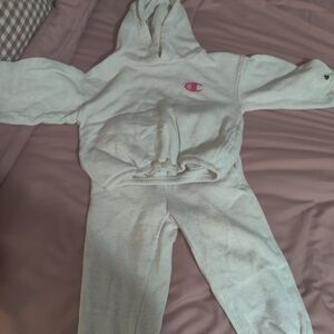 Champion White Two-Piece Hoodie and Sweatpants Set with Pink Logo